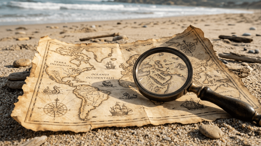 Old treasure map on sand with magnifying glass showing marked locations